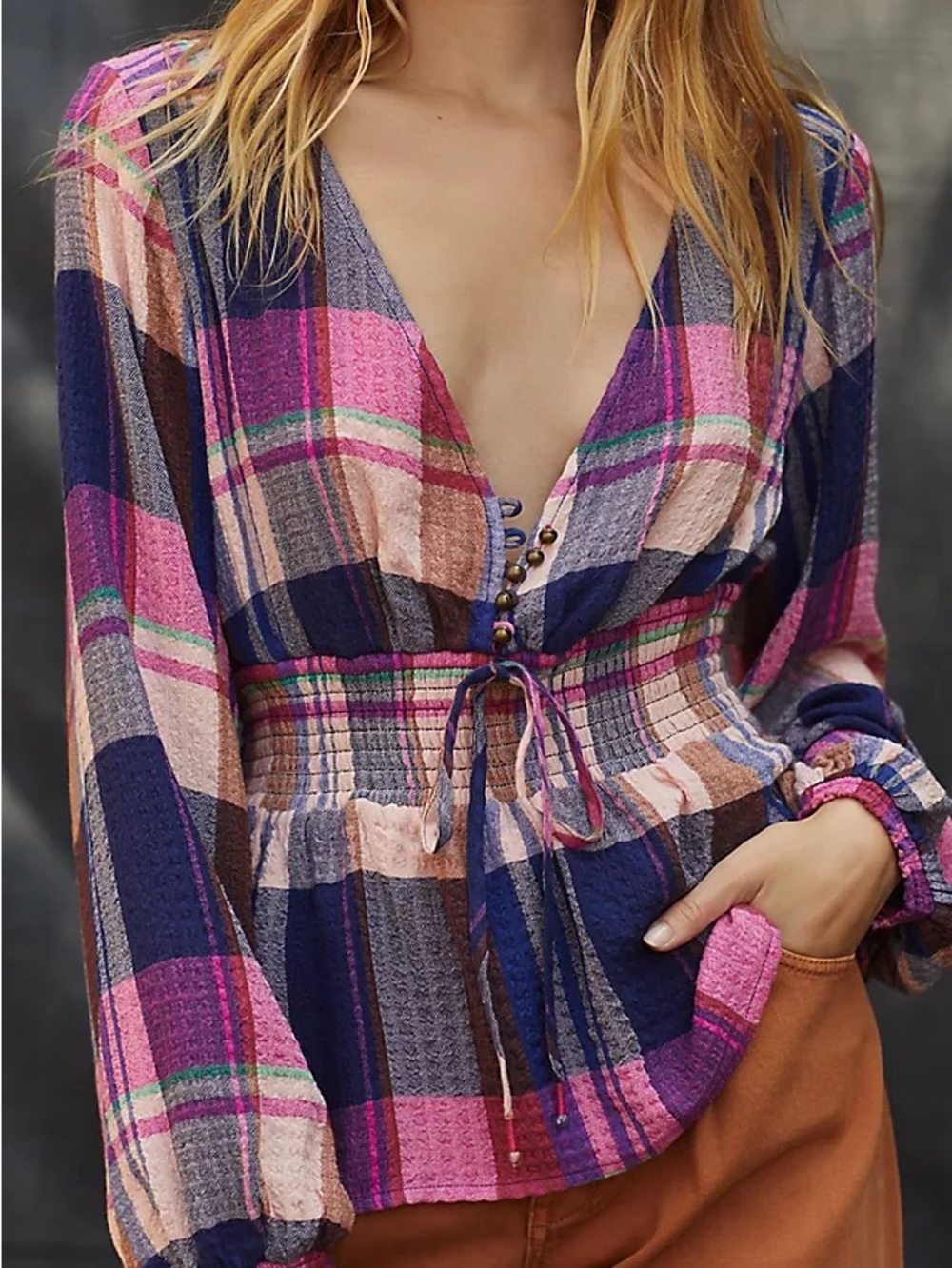 NWT Anthropologie Pilcro Plaid Deep V Tie Front Blouse Pink Purple Size S